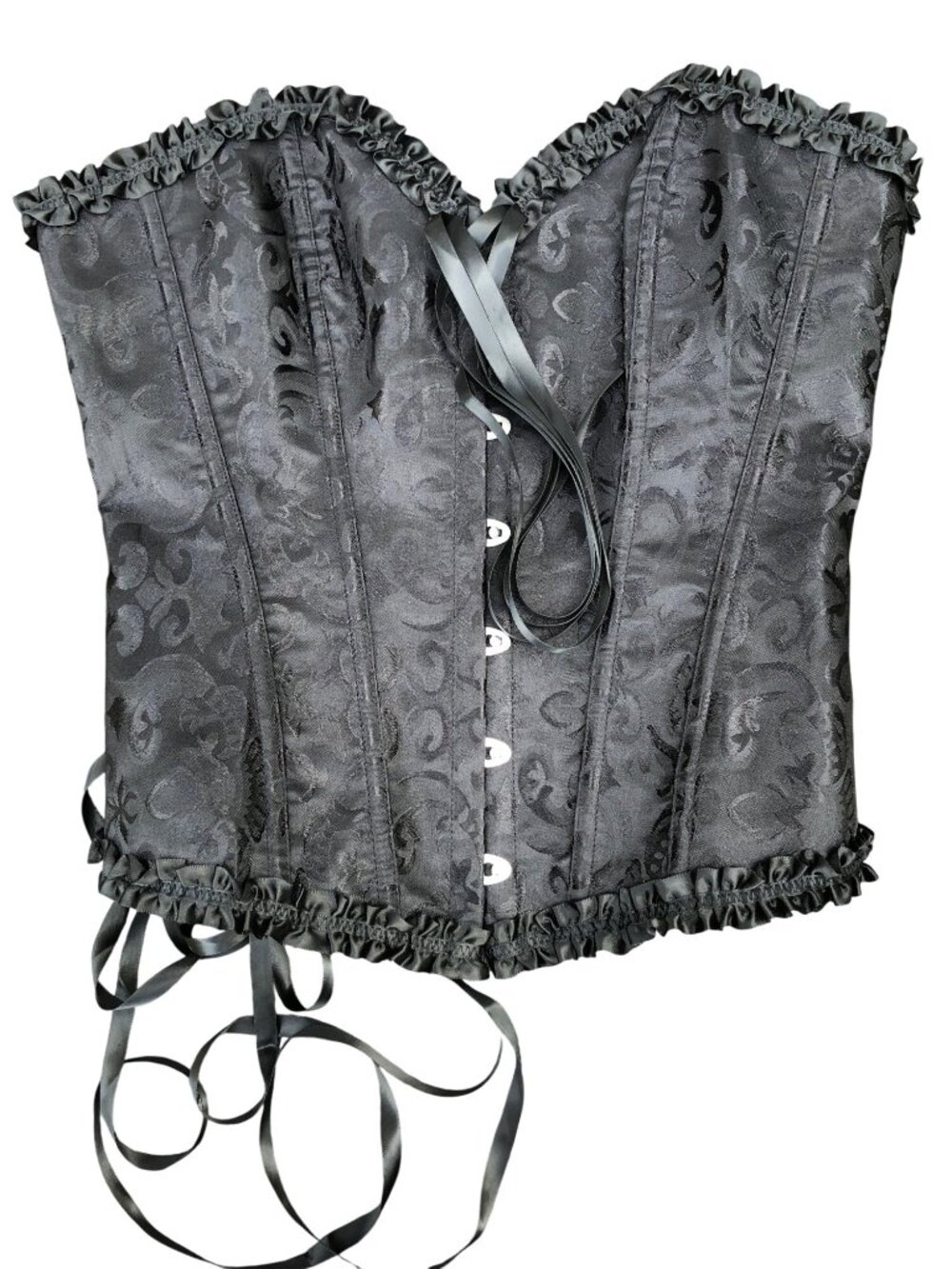 Corset Womens M Black Brocade Top Lace-Up Ruffle Bustier Fairy Witchy Vamp Medie - Picture 3 of 6